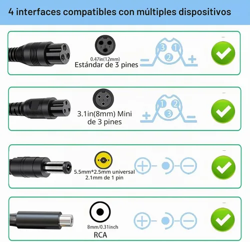 Vista 2 de Cargador eléctrico de scooter de 42 V 2 A para baterías de litio de 36 V, cable de carga con 4 enchufes, compatible con adaptador de corriente