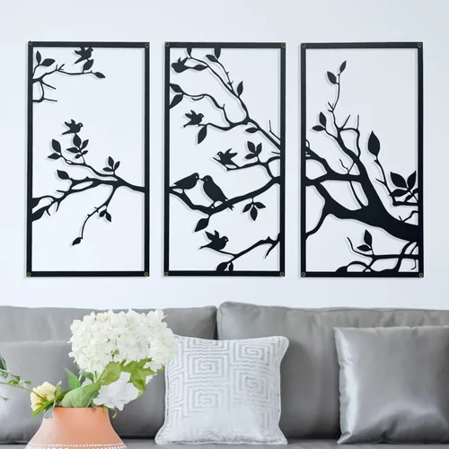 Vista 10 de 3 piezas de decoración de pared de metal grande de pájaros en rama, escultura de silueta de árbol de la vida negro, hojas con pájaros, adorno