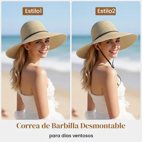 Vista 5 de Sombreros de sol para mujer, protección solar UPF 50+, sombrero de playa Beige