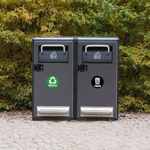 Vista 5 de Calcomanías autoadhesivas con logotipo de reciclaje y basura, letreros redondos para botes de basura y contenedores de basura (6 unidades)