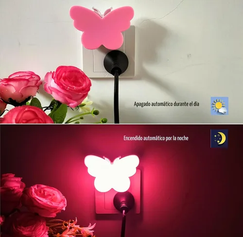 Vista 4 de 2 luces LED de mariposa para niños, lámpara de luz nocturna enchufable a la pared con sensor inteligente del atardecer al amanecer, idea