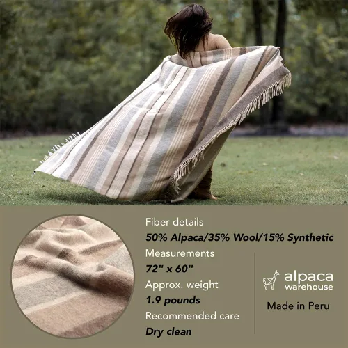 Vista 4 de Manta de lana merino de alpaca cálida y suave, diseño a rayas multicolor Perú (gris/azul acero/verde claro)