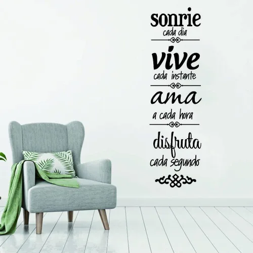 Vista 8 de Calcomanía de pared con reglas familiares inspiradoras españolas, Sonríe, Vive, cita AMA para comedor y sala de estar, arte de vinilo de PVC