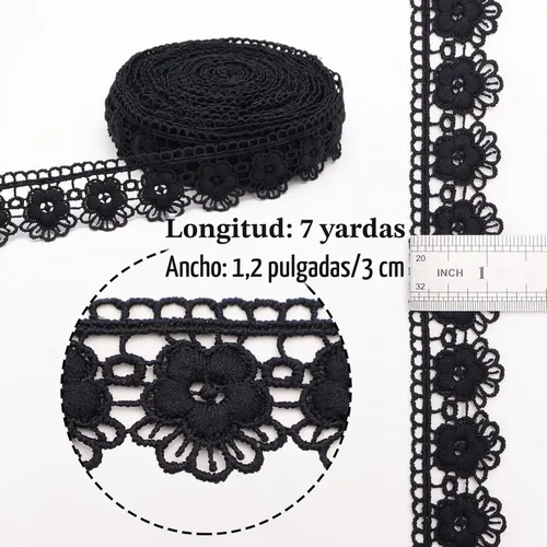 Vista 2 de Encaje de algodón negro 7 yardas Venecia flor encaje cinta bordado encaje encaje para manualidades de costura, decoración de vestidos