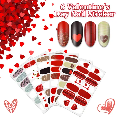 Vista 2 de 6 hojas de esmalte de uñas para el día de San Valentín para mujeres, tiras de esmalte de uñas autoadhesivas, tiras de uñas de gel, calcomanías