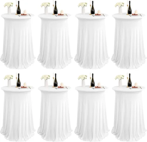 Vista 12 de Paquete de 4 manteles redondos para mesa de cóctel, de 32 x 43 pulgadas, de elastano, con cortinas onduladas, color beige, para mesa de boda, bar