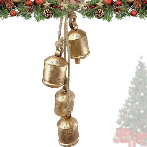 Vista 4 de BELLUXE - Campanas pequeñas de vaca rústicas de metal de estaño de la suerte hechas a mano, campanas de decoración de Navidad con cuerda de yute