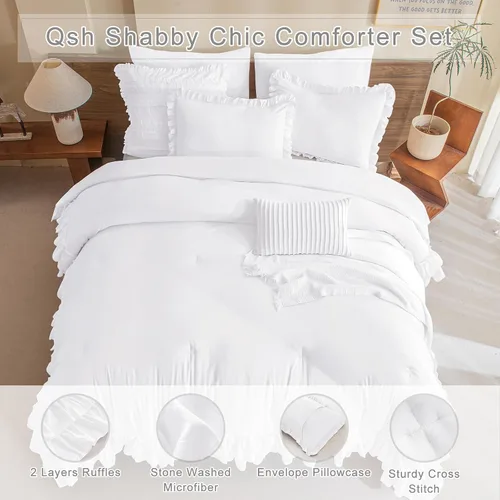 Vista 2 de QSH Edredón blanco brillante con volantes, tamaño individual, 3 piezas, ropa de cama con volantes, estilo bohemio, elegante, desgastado y elegante