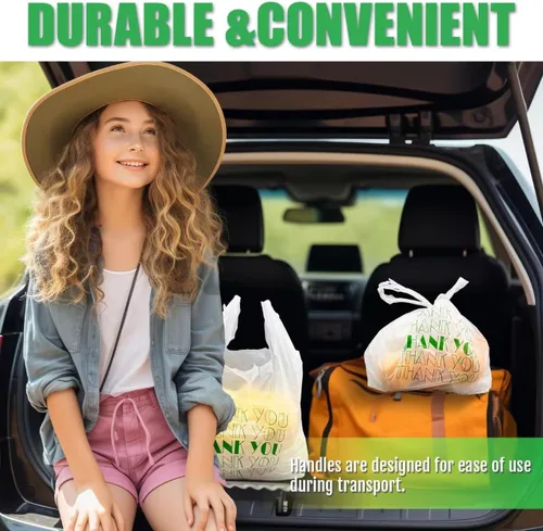 Vista 4 de Cheardia Bolsas de Camiseta, Bolsas de Plástico Gracias Bolsas de Compras Reciclables con Asas Bolsas de Mercancía
