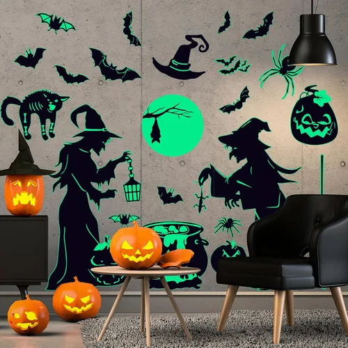 Vista 6 de AnyDesign 2 hojas de calcomanías de pared de bruja de Halloween que brillan en la oscuridad, bruja, murciélago, calabaza, araña, calcomanías