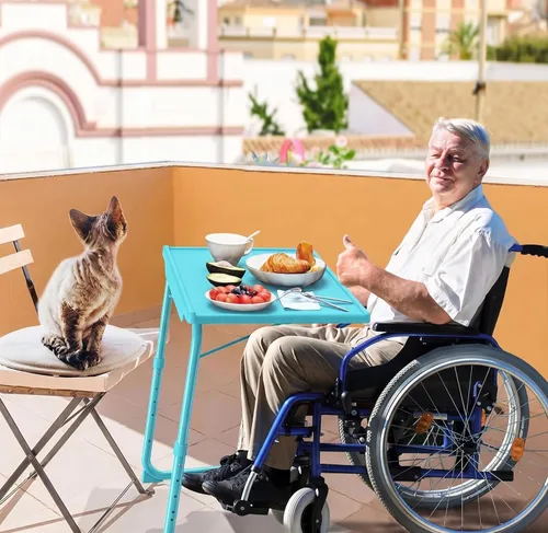 Vista 2 de HUANUO Mesa ajustable para TV – Bandeja de cena de TV con portavasos en la cama y el sofá, cómoda mesa plegable con 6 ajustes de altura y 3 ángulos