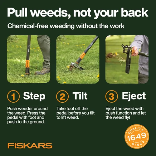 Vista 2 de Fiskars Herramienta de desmalezado de pie con 3 garras, desmalezador de jardín, herramienta de deshierba manual con mango ergonómico de 39" de largo