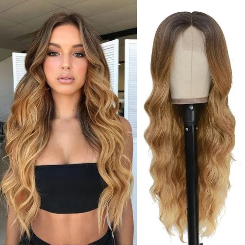Vista 9 de NAYOO Peluca larga ondulada rubia ombré para mujer, de 26 pulgadas, parte media, rizada, ondulada, de aspecto natural, fibra sintética resistente al