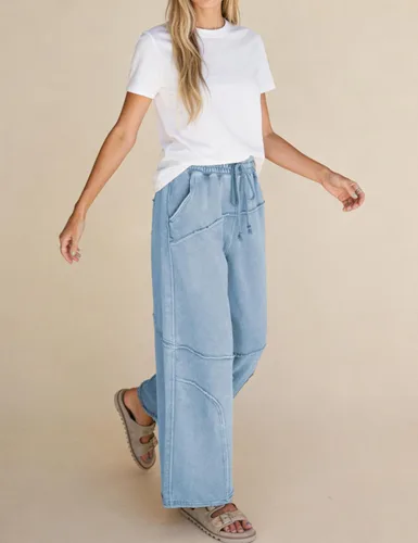 Vista 3 de Athlisan Pantalones deportivos casuales de pierna ancha para mujer, cintura alta, lavado ácido, pantalones palazzo con bolsillos