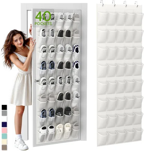 Vista 8 de Organizador de zapatos colgante sobre la puerta con 40 bolsillos grandes de malla transpirable, soporte de zapatos que ahorra espacio, estante