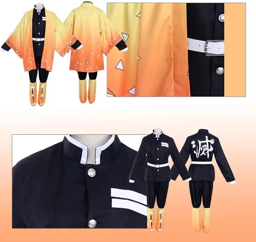 Vista 5 de Agatsuma Zenitsu - Disfraz de anime para cosplay, Kimetsu No Yaiba, traje de adulto, capa de kimono de Zenitsu para fiesta de Halloween, cosplay