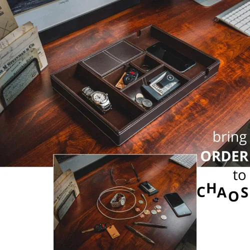 Vista 5 de ULTRAY Organizador de mesita de noche, bandeja de valet para hombres y mujeres, bandeja EDC, cómoda de piel sintética, color marrón oscuro, 6