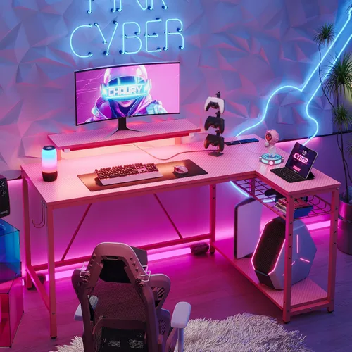 Vista 16 de Bestier - Escritorio de juegos con tomas de corriente, escritorio para computadora de 42 pulgadas en forma de L con luces LED, escritorio