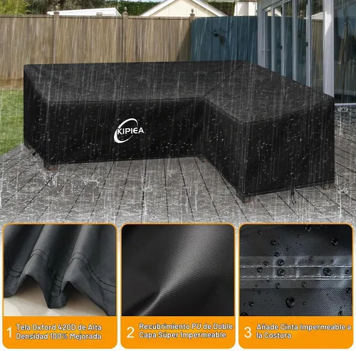 Vista 3 de Kipiea Funda para Sofá Seccional en Forma de L para Patio, Tela Oxford Resistente 420D, Funda Seccional para Exteriores con 6 Hebillas a Prueba