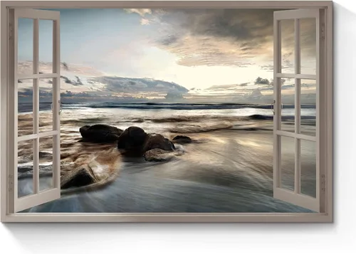Vista 11 de Arte de Lienzo de Ventana Abierta para Pared: Paisaje Costero de Playa al Atardecer Vista de Ventana Falsa Imagen Olas Azules del Océano Pintura