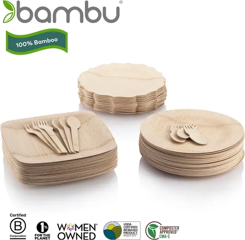 Vista 6 de Bambu, Platos cuadrados desechables de bambú de 11 pulgadas, orgánicos, biodegradables y ecológicos, platos para fiestas, bodas y eventos, ideales