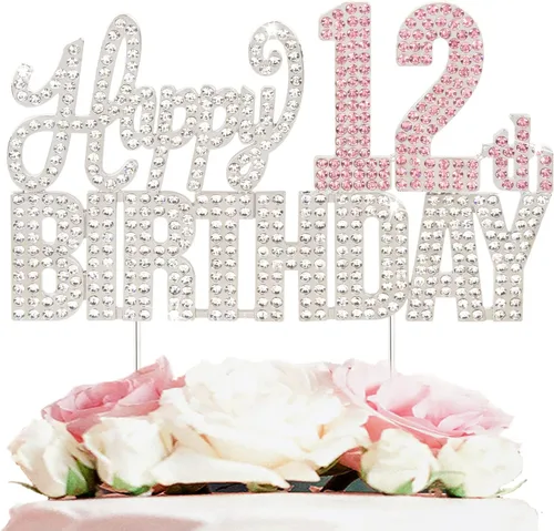 Vista 21 de Decoración de pastel de diamantes de imitación rosa y plateado con texto en inglés "Cheers to 11 Years Old Eleven Bday" de metal brillante