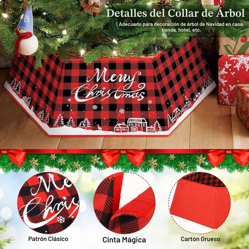 Vista 2 de Collar de árbol de Navidad, diseño a cuadros, cubierta de base de árbol de Navidad, falda de base de árbol hexagonal de tela con seis patrones, base