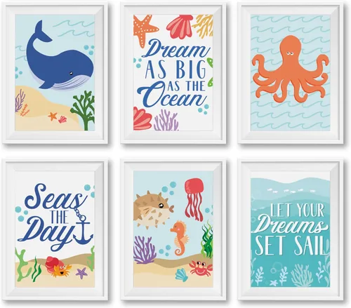 Vista 11 de Hadley Designs Decoración náutica de pared con 6 unidades, decoración náutica de habitación para niños, cuadros de barco y faro, decoración de pared