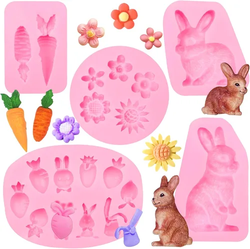 Vista 10 de Molde de silicona 3D de conejo de Pascua, moldes de chocolate con zanahoria de conejo grande, huevos de conejo, oreja, margarita, flores, dulces