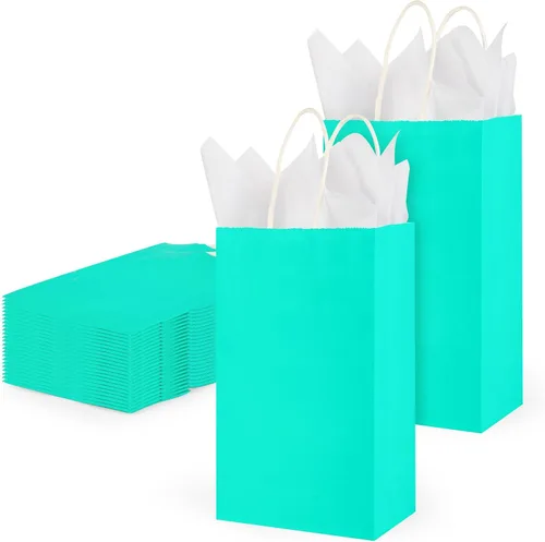 Vista 11 de DjinnGlory Paquete de 24 pequeñas bolsas de regalo de papel azul con asas de 9 x 5.5 x 3.15 pulgadas y 24 papel de regalo de seda para negocios