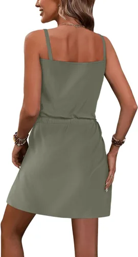 Vista 4 de SAUKOLE Vestido de verano para mujer, sin tirantes, salida de baño, estilo bohemio, vestido corto con cordón en la cintura y bolsillos