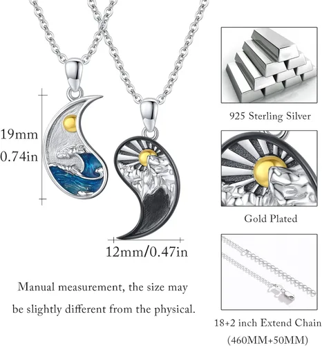 Vista 4 de XIXLES Yin Yang - Collar de plata de ley 925 con luna y sol a juego para parejas, para 2 amistades, mejores amigos, parejas, familiares