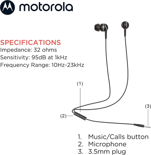 Vista 6 de Motorola - Auriculares con cable con micrófono, auriculares intraurales con cable, botón de control para llamadas/música, cómodos y ligeros de fácil
