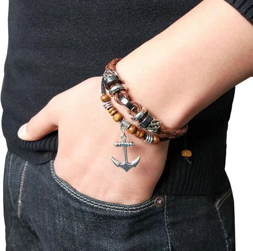 Vista 23 de Suyi brazalete ajustable con varias capas, de cuero tejido trenzado con cruz. Pulsera tipo esclava.