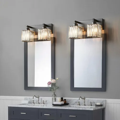 Vista 4 de Moderna lámpara de pared de tocador de baño de cristal negro de 2 luces Negro recto.