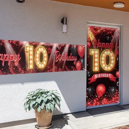 Vista 4 de Juego de carteles de feliz cumpleaños 10 para puerta, porche, decoraciones de cumpleaños de 10 años, suministros de fiesta para mujeres y hombres