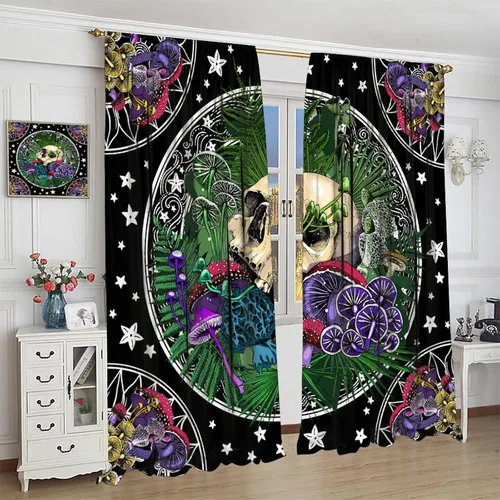 Vista 115 de Cortinas góticas de bosque de cuervos, para Halloween, espeluznante, negro, cuervo negro, alas oscuras, suspenso, bolsillo para barra, cortinas