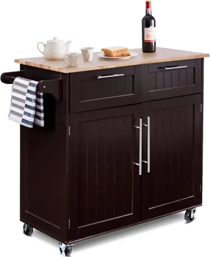 Vista 11 de Harmony-Furniture - Isla de cocina con ruedas con cajones y armarios de almacenamiento, carrito de servicio con cerradura, carrito de cocina móvil