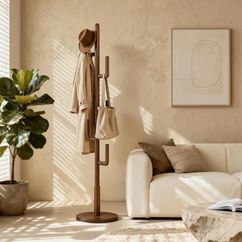 Vista 8 de Perchero independiente de cactus de madera maciza con 6 ganchos en forma de L y 3 tamaños ajustables, perchero para dormitorio, entrada, sala