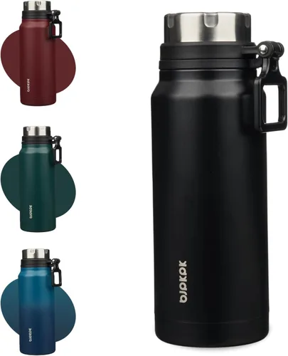 Vista 20 de BJPKPK Botella de agua aislada de 24 onzas con asa, sin BPA, botella térmica de viaje de acero inoxidable reutilizable, botella de agua grande, Negro