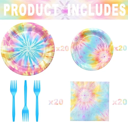 Vista 3 de Conjunto de Decoraciones para Fiesta Tie Dye - Divertidos Platos, Servilletas y Tenedores para Fiesta Tie Dye para una Celebración Vibrante