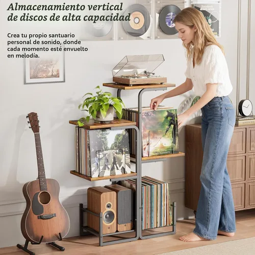 Vista 2 de Bikoney - Soporte para tocadiscos inspirado en jardineras con gran almacenamiento de vinilo, mesa de tocadiscos vintage con estante para LP
