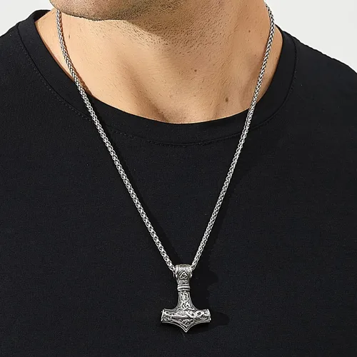 Vista 2 de HORHEAR Collar de Mjolnir con martillo de Thor, collar de cadena de acero inoxidable con colgante de Thor vikingo