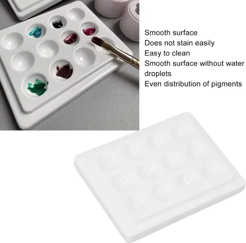 Vista 2 de Paleta de pintura de porcelana, suave y reutilizable de 12 pocillos, paleta de pintura de acuarela de color blanco puro con cubierta para artistas