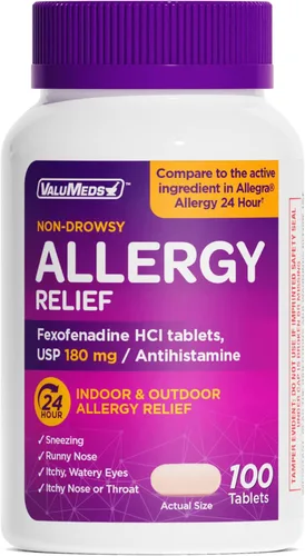 Vista 9 de ValuMeds alivio de alergia de 24 horas fexofenadina clorhidrato 180 mg medicamento genérico antihistamínico sin somnolencia para alergias, fiebre