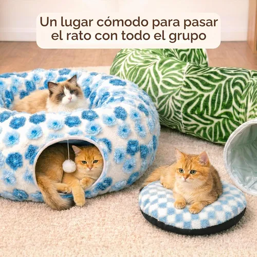Vista 2 de Meowfia Túnel interior para gatos con cama de rosquilla, gran espacio de juego flexible para múltiples mascotas, forma de círculo o serpiente, salón