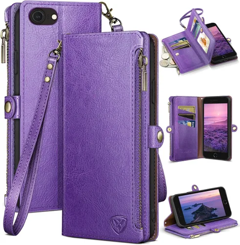 Vista 12 de XcaseBar Compatible con iPhone SE 3rd/7/8 Funda tipo cartera con cremallera y tarjetero de crédito [bloqueo RFID], funda de piel sintética con tapa