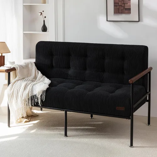 Vista 10 de MAXYOYO Silla decorativa para sala de estar, sofá biplaza con marco de metal resistente y reposabrazos de madera, sofá pequeño tapizado con botones