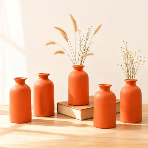 Vista 10 de Juego de 6 jarrones de cerámica negra, jarrones pequeños de 5 pulgadas para flores secas o plantas de casa, jarrones decorativos bohemios modernos
