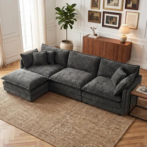 Vista 76 de Sofá individual modular de chenilla con otomana, sofá nube con almohada, color beige